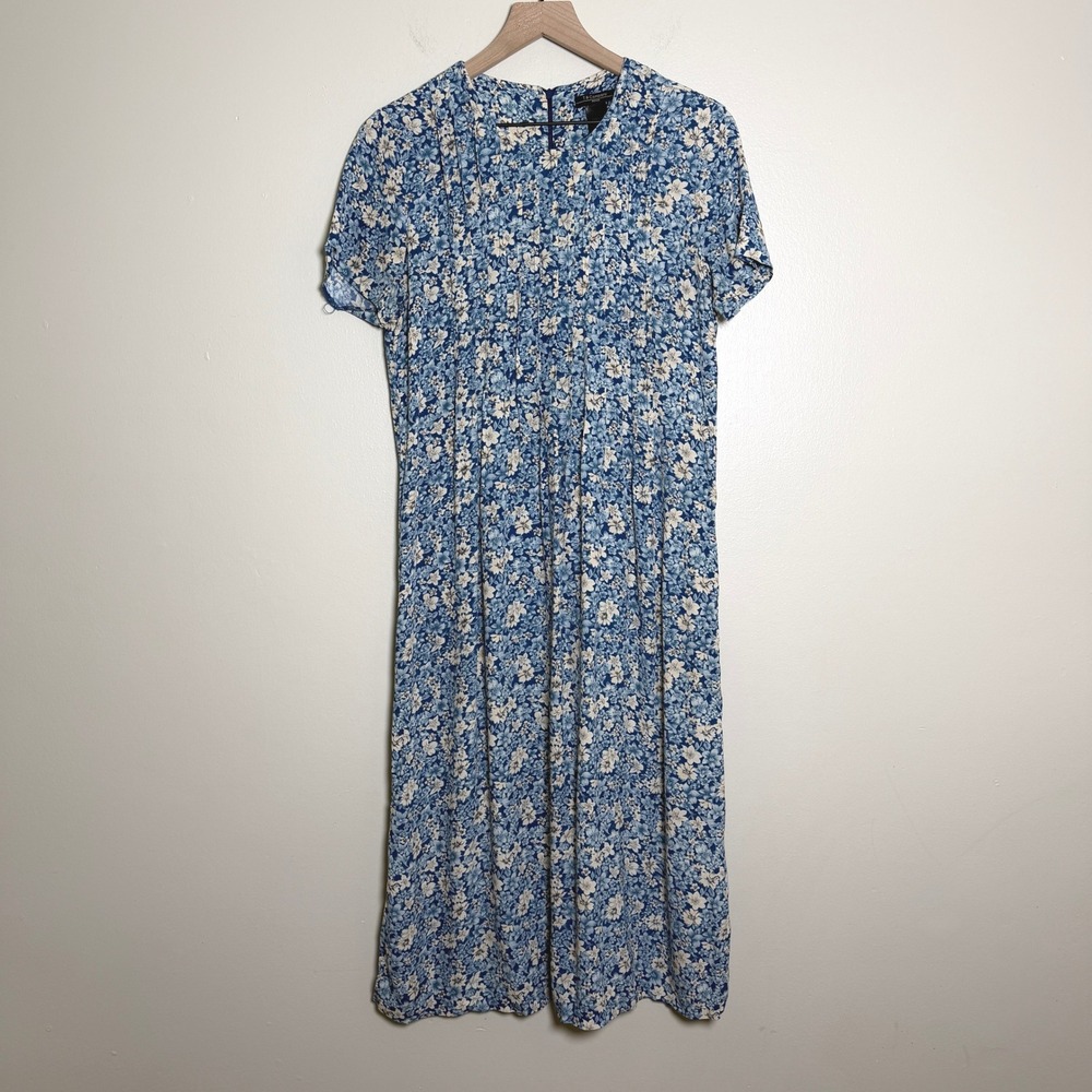 T & Company Petite Blue Floral Pintuck Pleated Rayon Midi Dress Size 10P Peasant